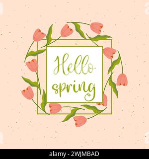 Hello spring, pink background, frame with tulips, and dots on background. vector Stock Vector