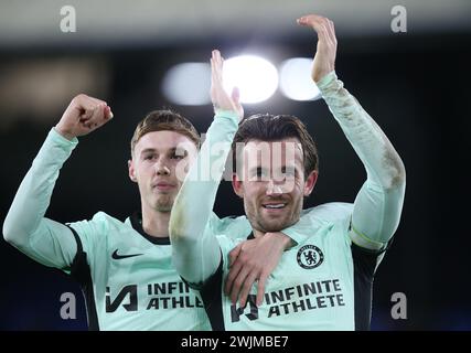 Cole Palmer of Chelsea celebrates with Ben Chilwell of Chelsea after the 3-1 victory. - Crystal Palace v Chelsea, Premier League, Selhurst Park Stadium, Croydon, UK - 12th February 2024. Editorial Use Only - DataCo restrictions apply. Stock Photo