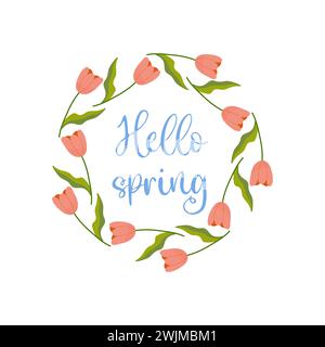 Hello spring, pink background, frame with tulips white isolated background. vector Stock Vector