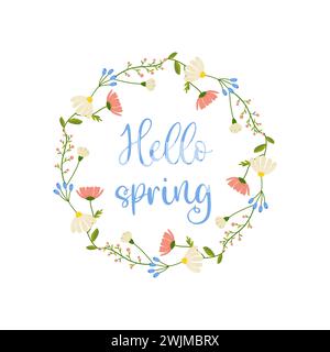 Hello spring,blue background,frame colors white isolated background. vector Stock Vector