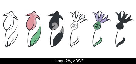 Flower icon set. Tulip, cornflower one line symbols. Hand drawn bold stroke, isolated elements. Vector illustration, outline brush stroke, cute flat Stock Vector