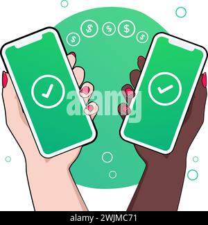 Two smartphones held by women and showing sending and receiving payments confirmation. Through a digital wallet application on a mobile phone. Stock Vector