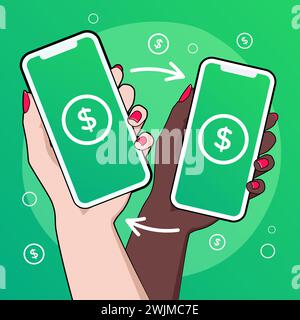 Money flow concept. Mobile payment success. Received and transferred with check mark on screen. Woman's hand transacting with smartphone. Stock Vector