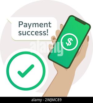 Mobile payment success. Received and transferred with check mark on screen. Woman's hand transacting with smartphone, sending and receiving money. Stock Vector
