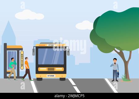 Bus stop with shelter on city street. Urban landscape with public transport station and buildings in background. Vector cartoon illustration. Stock Vector