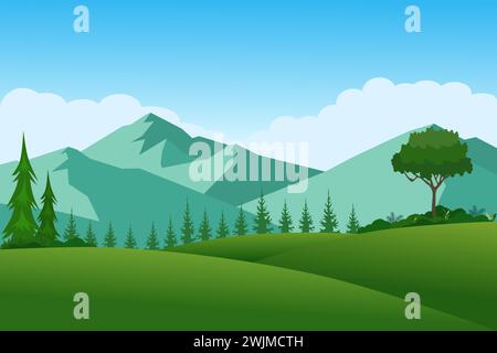 Mountains landscape with green meadows and trees in the morning. Vector illustration. Stock Vector