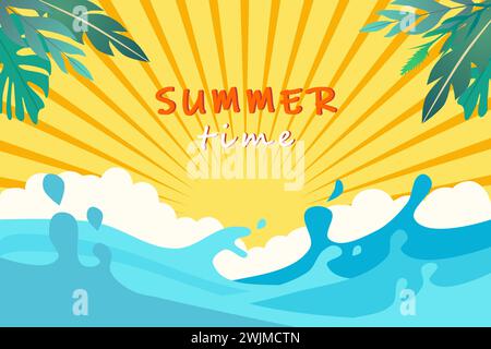 Summer time background with waves and leaves. Vector illustration. Stock Vector