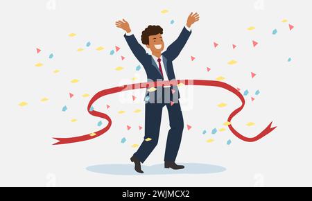 A businessman celebrating success. An African American businessman with confetti and ribbon. Achievement achieved concept. Vector illustration. Stock Vector