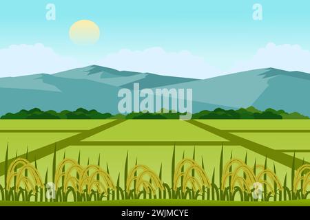 Beautiful rice and paddy fields landscape with mountains vector illustration. A view of a peaceful village. Stock Vector