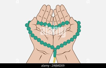 Muslim hands holding prayer beads for dhikr and and pray to god. Vector illustration. Stock Vector