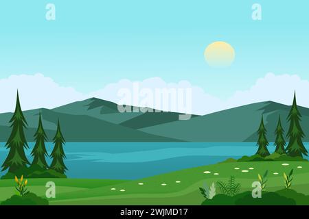 Mountain lake landscape vector illustration with green meadows and trees in the morning. Stock Vector