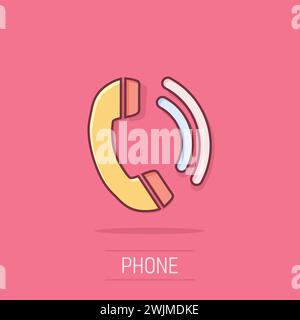 Phone icon in comic style. Telephone call cartoon vector illustration on isolated background. Mobile hotline splash effect business concept. Stock Vector