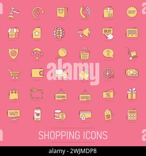Shopping icons set in comic style. Online commerce cartoon vector illustration on isolated background. Market store splash effect business concept. Stock Vector