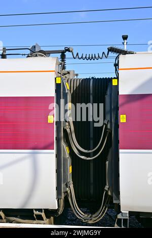 Electrical communication cables and corridor connection between carriages on LNER Azuma high-speed electric train, England, UK . Stock Photo