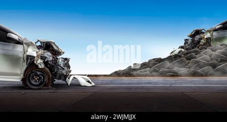Road accident image concept. Car crash accident on street with pile of old car tires background Stock Photo