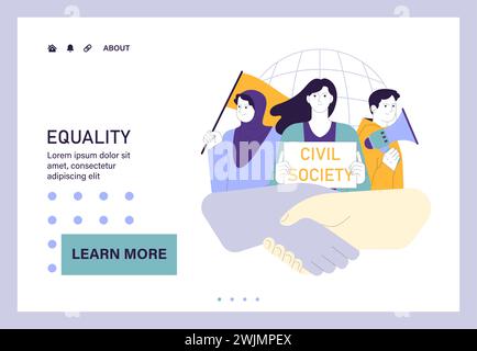 Social equity web or landing. Civil society teamwork, environmental activism, and community engagement for better future and equal opportunities. Diversity and inclusion. Flat vector illustration Stock Vector