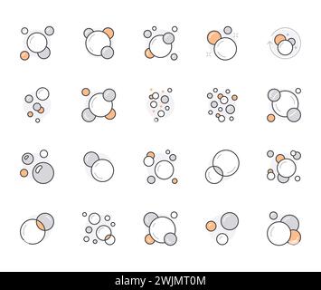Bubbles flat line icons set. Soap foam, fizzy drink, oxygen bubble, soapy, effervescent effect, soda, champagne vector illustrations, outline signs Stock Vector