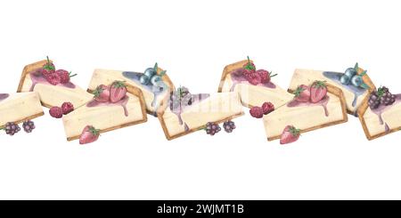 Seamless banner pattern featuring slices of cheesecake with raspberries, strawberries, blackberries and blueberries on a white background. Hand-drawn Stock Photo