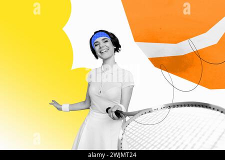 Composite collage picture image of positive sportive girl playing big tennis healthy lifestyle have fun weird freak bizarre unusual fantasy Stock Photo