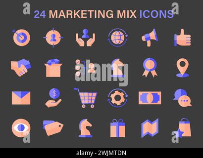 Marketing Mix icon set. Symbols represent strategic components like targeting, global reach, and customer service. Essentials for market planning. Flat vector icons. Stock Vector