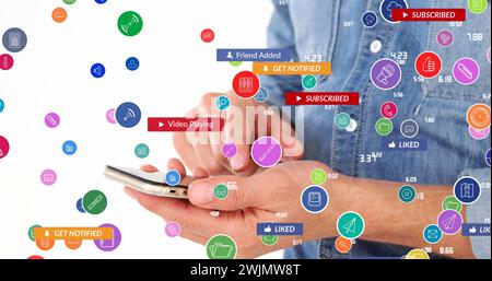 Image of data processing and icons over woman using smartphone Stock Photo