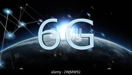 Image of 6g text, globe and computer data processing Stock Photo
