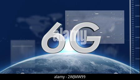 Image of 6g text, globe and computer data processing Stock Photo