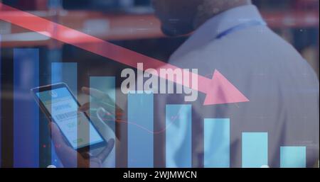 Image of statistics, red arrow and data processing over biracial man working in warehouse Stock Photo