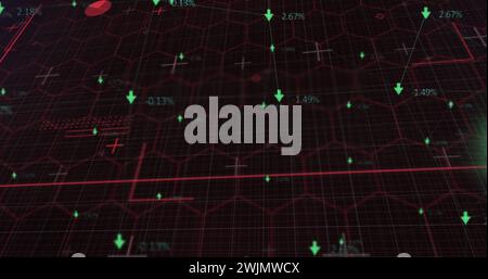 Image of red lines and numbers changing with green arrows on network of hexagons on grid background Stock Photo