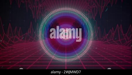 Image of scope scanning over glowing pink map and grid on black background Stock Photo