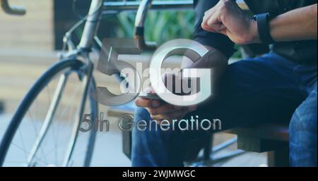Image of 5g 5th generation text over man using smartphone in background Stock Photo