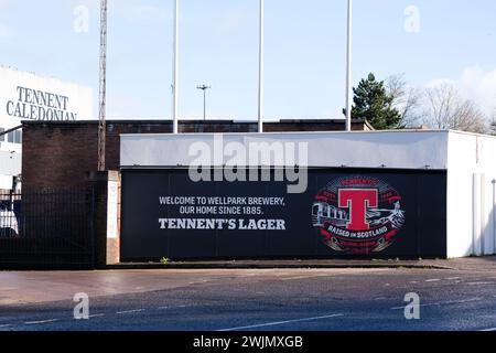 Glasgow Scotland: 12th Feb 2024: Tennent's Brewery Wellpark Tennent Caledonian exterior of factory. Home of Scottish beer Tennent's Lager Stock Photo