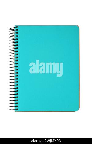 Closed spiral bound notepad with turquoise cover isolated on white background. Top view, copy space for text, template, mockup. Stock Photo
