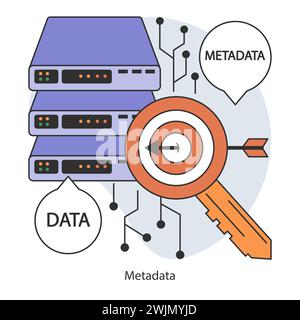 Metadata. Data annotation and cataloging. Essential information about data highlighted for efficient resource management. Flat vector illustration. Stock Vector