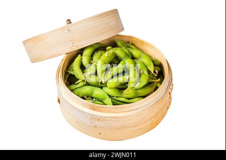 Steamed Edamame Beans with sea salt, soy beans. Isolated on white background. Top view Stock Photo