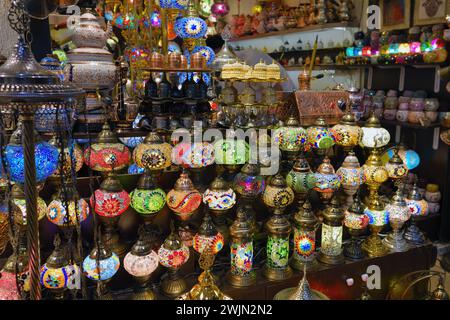 Multi-colored handmade Turkish lanterns for sale at Grand Bazaar in Istanbul Turkey Stock Photo