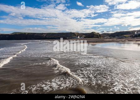 A view of the incoming tides at Saltburn,England,UK showing the seafront and beach area Stock Photo