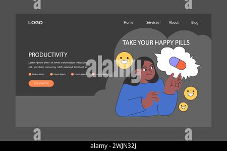 Neurosis, chronic stress or anxiety mental disorder treatment dark or night mode web banner or landing page. Psychotherapy and pharmacotherapy. Woman holding a pill. Flat vector illustration Stock Vector