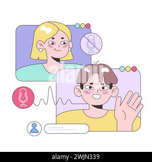 Online Communication concept. A cheerful woman and a friendly man video chatting, with microphone and user icon symbols. Engaging virtual conversation, modern connectivity. Flat vector illustration. Stock Vector