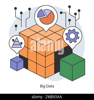Big Data. Datasets with advanced analytics. Intricate network of data processing and storage. Centralized information management. Flat vector illustration Stock Vector