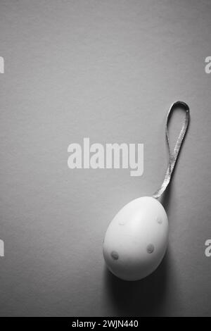 Easter egg on white background, monochrome. Easter egg with copy space. Easter banner. Traditional spring holiday. April concept. Stock Photo