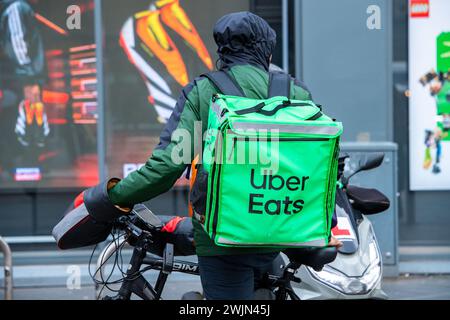 Leicester, Leicestershire, UK. 16th February 2024. Just Eat, Uber Eats and Deliveroo cyclists working in Leicester City Centre. Credit: Alex Hannam/Alamy Live News Stock Photo