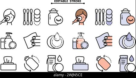 Facial make up removal concept. Editable stroke. Simple flat style vector illustration isolated on white background. Face, beauty, health, woman, heal Stock Vector