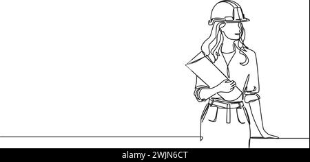 continuous single line drawing of female architect or engineer with hardhat holding construction plans, line art vector illustration Stock Vector