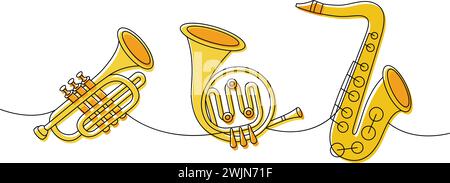 Wind musical instruments one line colored continuous drawing. Tuba, trumpet, french horn, saxophone continuous one line illustration. Stock Vector