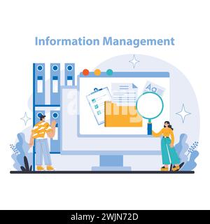 Information Management concept. Strategic organization of digital documents and data for operational efficiency. Focused data retrieval and secure information storage. Flat vector illustration. Stock Vector