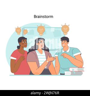 Brainstorming session concept. Team of women and man sharing ideas and discussing. Group engagement and creative thoughts exchange. Illuminating teamwork solutions. Flat vector illustration Stock Vector