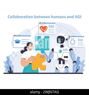 AGI concept. Human-AI collaboration solving complex problems. Synergistic teamwork between technology and creativity. Flat vector illustration. Stock Vector