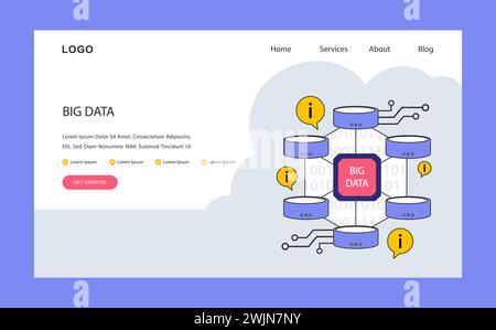 Big data web or landing. Intricate network of data processing and storage. Centralized information management with a focus on volume and complexity. Flat vector illustration. Stock Vector