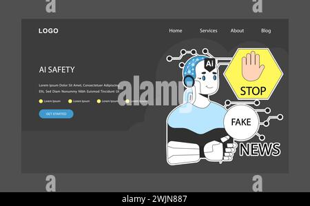 AI ethics dark or night mode web, landing. AI robotics character recognize and filter fake news, propaganda and hoaxes. Accurate information and digital safety. Flat vector illustration. Stock Vector